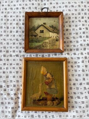 Vintage set of 2 prints, Dutch girl/village, wood framed, patina, 2 sizes